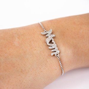 Sterling Silver 925 Rhodium Plated Lariat Mom CZ Bracelet